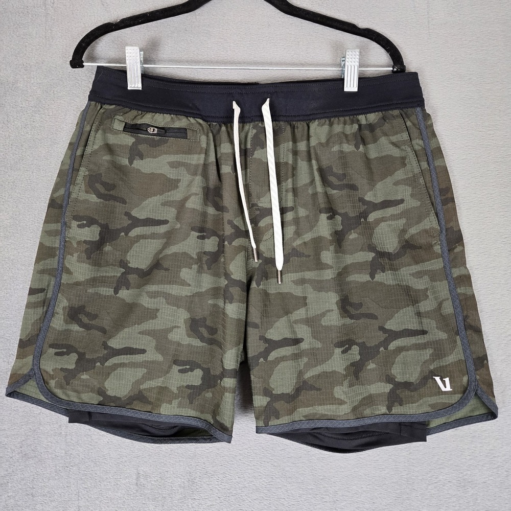 Vuori Stockton Shorts Mens 32 Olive Camo Compression Lined Performance Gym 6"